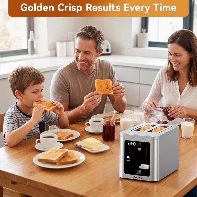 Mecity 2 Slice Toaster Smart Touchscreen, Stainless Steel Wide Slot Toasters Defrost, Reheat, Memory Function, Auto Shutoff, Digital Electric Bread Toaster for Bagel Muffin Waffle, 120V