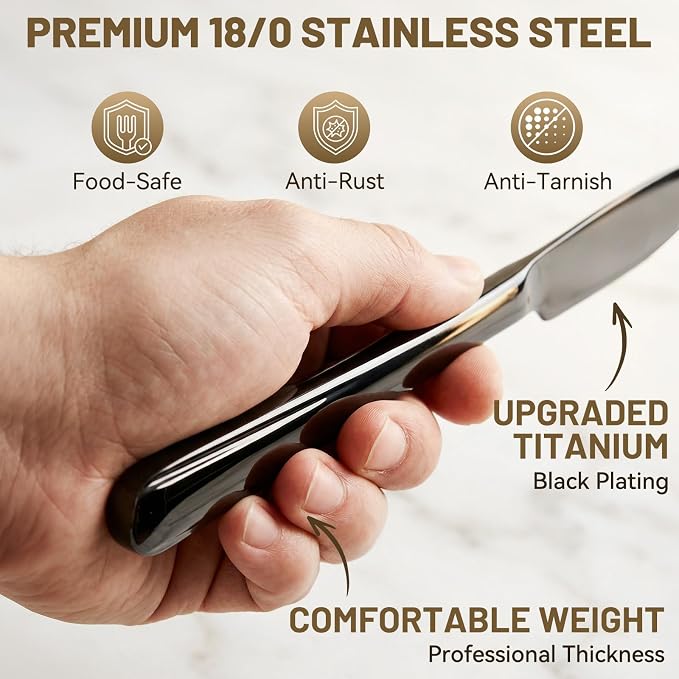 72 PCS NO-FADING Black Silverware Set with Steak Knives-Flatware for 12 | Titanium Black Finish, Rust Resistant, Food-Grade Stainless Steel Cutlery Utensils Set, Mirror Polished & Dishwasher Safe