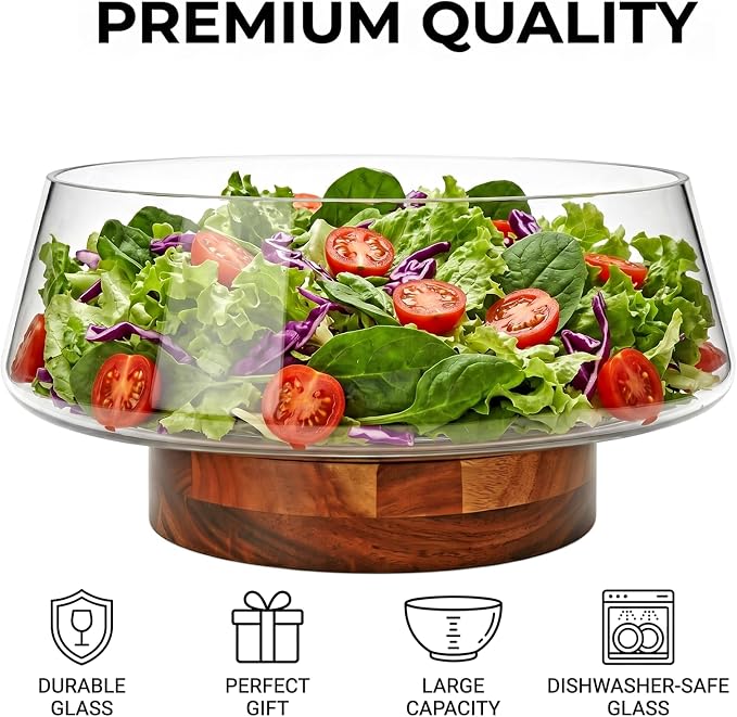 Large Glass Salad Bowl Set with Acacia Wood Base | Salad Bowl Wood Serving Utensils Included for Family Dinners, Parties, Gatherings, Multipurpose Oversize Glass Bowl for Salad