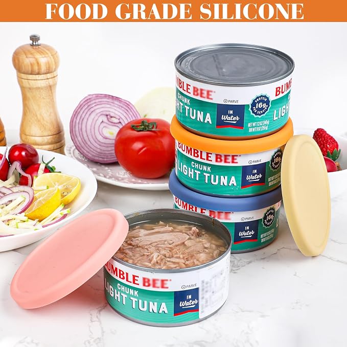 4 Inch Silicone Tuna Can Lids for Bumble Bee, 4 Pack Reusable Can Cover Topper for Chicken of the Sea, Silicone Can Lids for DINTY MOORE Stew Can 15oz or DON FRANCISCO'S coffee Can 12oz