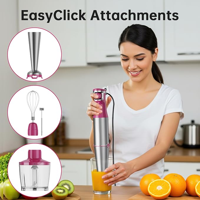 Turelar Immersion Blender Handheld Corded Hand Blenders Set 1100W, Trigger Variable Speed 5 in 1 Stick Emulsifier with Chopper, Whisk and Frother for Soup, Baby Food and Smoothies, Rose Red