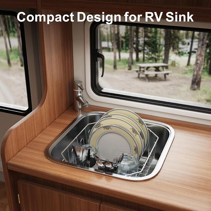 Small in Sink Dish Drying Rack - Stainless Steel for RV Kitchen | Compact Design for Apartments, Angled Corners Fit Square & Round Sinks, Utensil Holder, Cup Hooks, 1-2 Person, 11.6" x 13.4"