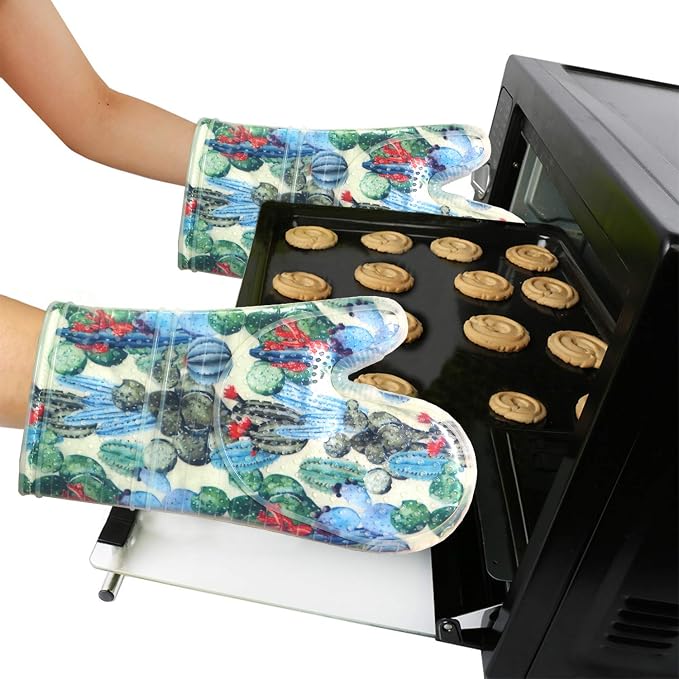 Oven Mitts with Transparent Clear Silicone Shell and Nice Cacturs Flower Printing