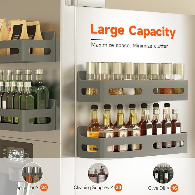 4-Pack Magnetic Spice Rack for Refrigerator with Hooks, Grey | Strong multipurpose magnetic shelf for kitchen & bathroom organization. Includes 4 removable hooks for hanging items.
