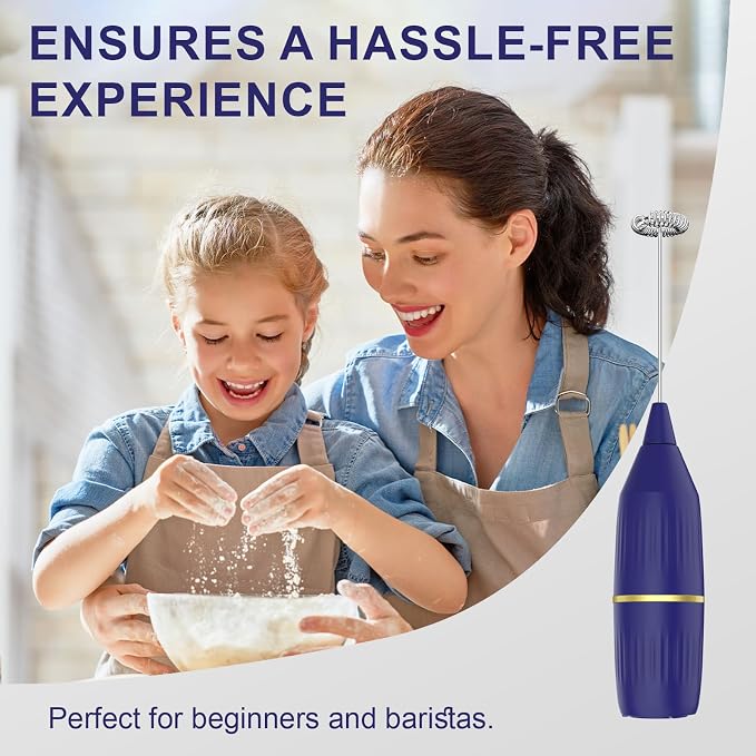 Blue Milk Frother Handheld | Standable No Stand Needed, Battery Operated, Detachable Whisk, Easy Clean, Compact Portable