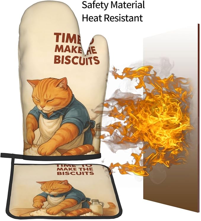 Cute Cat Oven Mitts and Pot Holder Set, Funny Heat Resistant Kitchen Gloves Hot Pad, Cooking Baking Lovers Spring Easter Gifts for Women, Whimsical Kitchen Decor & Gifts for Chef Cooks Cat Lovers Mom
