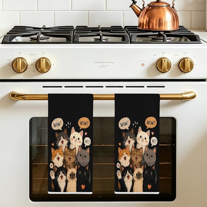 Jztco 2 Pcs Cute Cat Kitchen Towels, Cats Gift Reusable Hand Towels | Cat Dish Cloths for Drying Dishes, Cats Waffle Dish Towels for Kitchen Bathroom Decor, Cat Lover Gifts for Women Mom Grandma