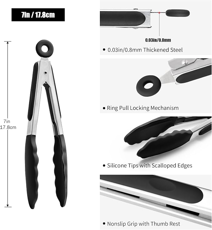 Doosu Kitchen Tongs with Silicone Tips for Cooking Serving (7in, Black) | 600°F Heat Resistant Food Tong, Heavy Duty Stainless Steel Locking Tong for BBQ, Grilling Steak, Salad, Toast, Pasta