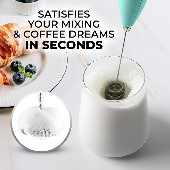 Zulay Kitchen Powerful Milk Frother Wand With Duracell Batteries - Ultra Fast Handheld Drink Mixer - Electric Whisk Foam Maker for Coffee, Lattes, Cappuccino & Matcha - Triple Whisk - Peppermint
