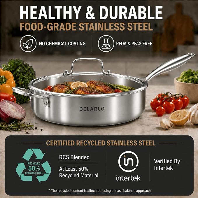 DELARLO Tri-Ply Stainless Steel 10 Inch Frying Pan,3 Quart Sauté Pan with lid,Compatible with All Cooktops,Oven Up to 660℉,Chicken Fryer,Dishwasher-Friendly