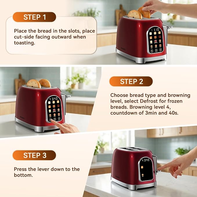 RONGBEST Retro Stainless Steel 2 Slice Toaster with Touchscreen Wide Slot for Family Breakfast Bagel & Bread, Reheat & Defrost, 6 Browning Levels, Removable Crumb Tray, Red Pearl