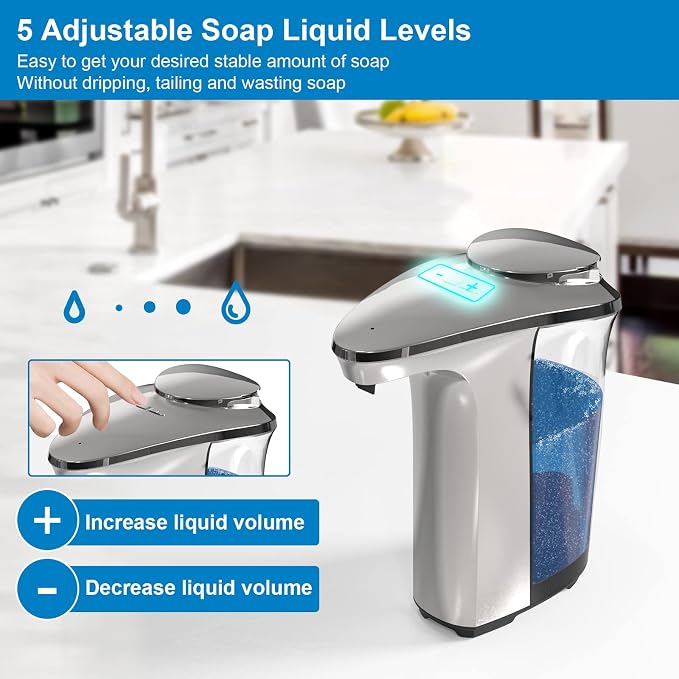 Automatic Soap Dispenser, 17oz Touchless Liquid Dish Soap Dispenser Kitchen | 500ml, Infrared Sensor, 5 Adjustable Soap Levels, Hand Dispenser for Bathroom Kitchen Sink, Battery Operated