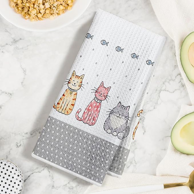 Jztco 2 Pcs Cute Cat Kitchen Towels, Cat Gifts Reusable Hand Towels | Cat Dish Cloths for Drying Dishes, Cats Waffle Dish Towels for Kitchen Bathroom Decor, Cat Lover Gifts for Women Grandma Mom