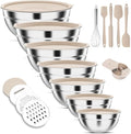 ENVTEK 7-Piece Stainless Steel Mixing Bowls Set with Lids & 3 Grater Attachments – Size 4.5, 4, 3.5, 2.1, 1.5, 1.1, 0.7QT, Kitchen Gadgets Set for Cooking, Baking, and Serving, Khaki