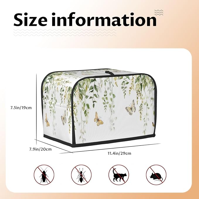 2 Slice Toaster Cover Butterfly Watercolor Botanical Leaf Dust Proof Washable Kitchen Appliance Cover with Pocket, Oxford Fabric Countertop Toaster Protector for Standard Toasters Small Appliances