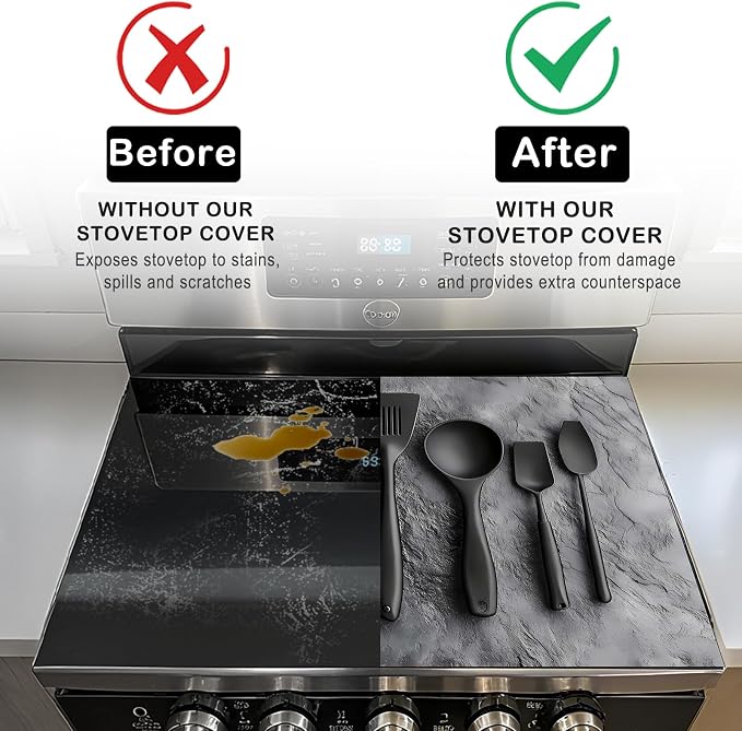 Nuxovilar Stove Top Cover Cooktop Mat 28.3x20.4in Polyester Diatom | Electric Guard Range Countertop Pad Burner Protection Sheet Kitchen Decor Cooking Space Home Accent (Black Utensils)