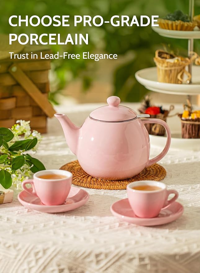 Sweese Porcelain Teapot 27 oz with Infuser for Loose Leaf Tea, Pink