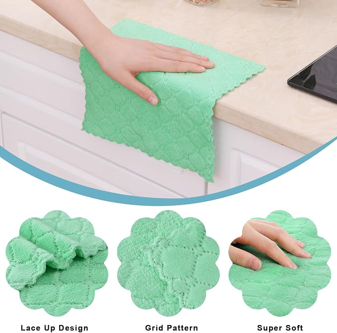 Homaxy 12 Pack Super Soft & Absorbent Dish Cloths, 10" x 10", Green | Coral Velvet, Nonstick Oil Fast Drying Microfiber Cleaning Cloth, No Lint Household Dishcloths