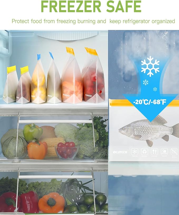 IDEATECH 24Pack Reusable Food Freezer Bags Dishwasher Safe, Leakproof Storage Contaizers, Reusable Bags Various Size for Food Storage, BPA Free Resealable Baggies(8Gallon 8Quart 8Snack,Colored)