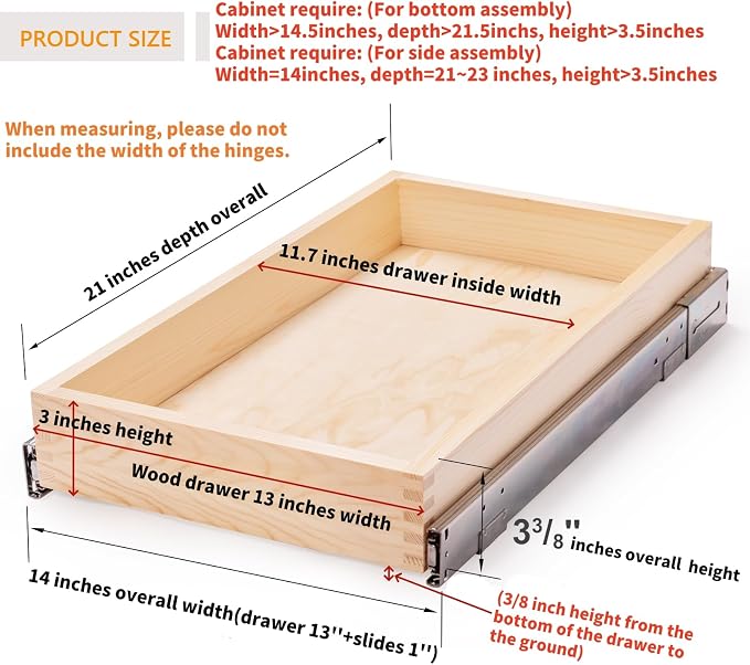 13”W x 21”D x 3”H Soft Close Slide Out Wood Drawer Organizer for Kitchen, (Cabinet Opening Width>14.5 inches for Bottom Assembly, Width= 14 inches for Side Assembly)