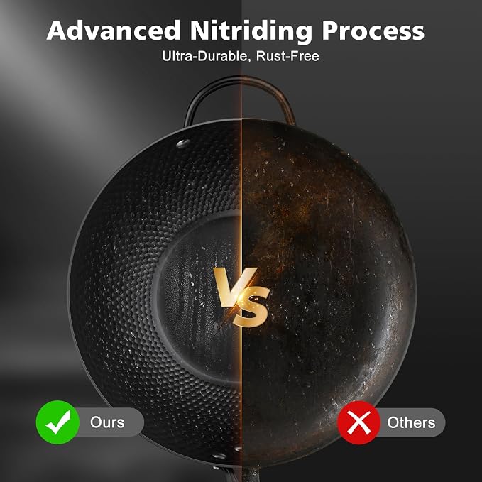 Todlabe Wok with Lid, 13 Inch Carbon Steel Woks & Stir-fry Pans Nonstick | Pre-Seasoned 5.6QT Flat Bottom Chinese Wok Pan with Lid, PFOA/PTFE free Cookware Compatible with All Cooktops