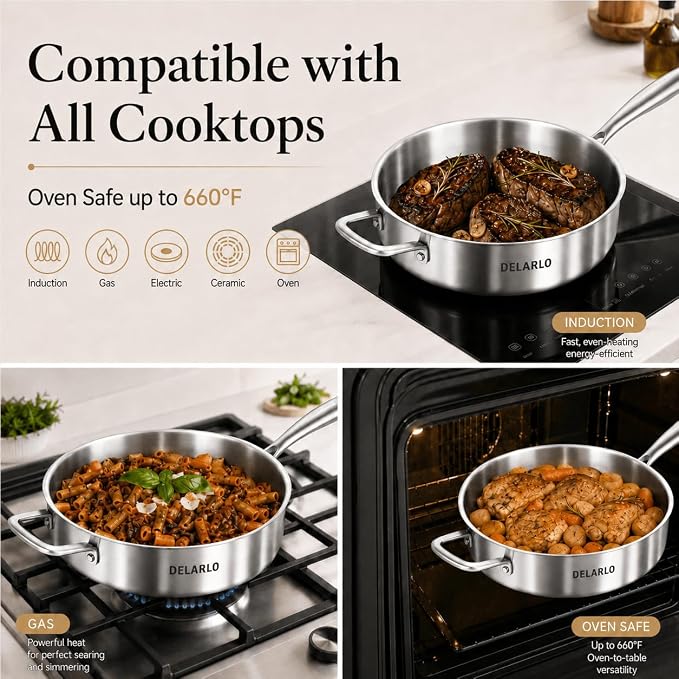 DELARLO Tri-Ply Stainless Steel 10 Inch Frying Pan,3 Quart Sauté Pan with lid,Compatible with All Cooktops,Oven Up to 660℉,Chicken Fryer,Dishwasher-Friendly