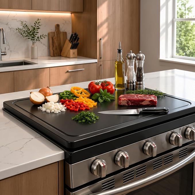 Wooden Noodle Board Stove Cover for Electric Stove & Gas Range, 27.56 x 19.69 In, Lightweight Stovetop Cover with Built-In Handles, Juice Groove & Smooth Flat Top for Extra Counter Space