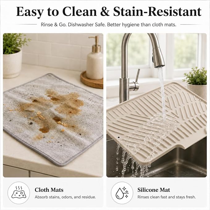Silicone Dish Drying Mat with Drain Lip (Beige, 15.8inx13in) | Raised ridges elevate dishes and create space for water to move across the silicone surface.
