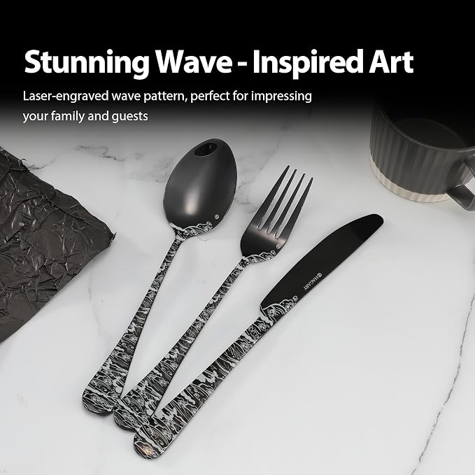 Wave Cutlery Set 20 Pieces Stainless Steel Flatware Set Service for 4 Utensils For Home Kitchen Wedding Laser Engraved Dishwasher Safe (All Black)