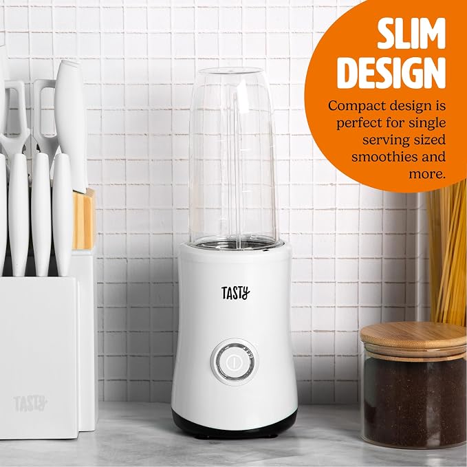 Tasty Personal Blender With Cups, 350W Powerful Blending Motor, 9-Piece Set With 4 Cups & Travel Lid, Compact & Portable, White