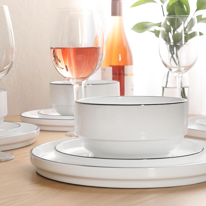 Gibson Home Rothernberg Plates and Bowls 18 Piece Porcelain White Dinnerware Set W/Black Rim | Stackable Dishes | Microwave & Dishwasher Safe