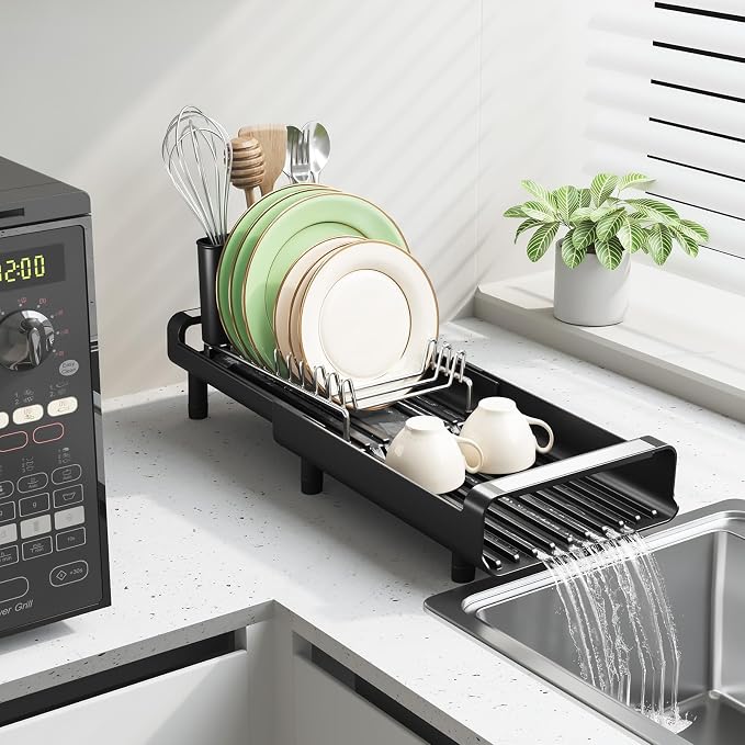 TOOLF Small Dish Drying Rack, Expandable and Space-Saving, Matte Black | Mini Dish racks for kitchen counter, Compact Design Fits Sink or Counter, Stainless Steel Plate Rack, 11"-19.3"L×7.7"W×3.54"H