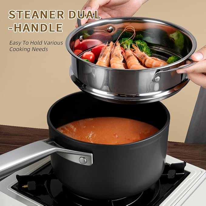 MsMk 2 QT Saucepan with Lid & Steamer, Nonstick Induction Cooking Pot | Non Toxic, Even Heating, Easy Clean, Dishwasher & Oven Safe, suitable for gas & electric & induction stoves, PFOA & PFAS Free