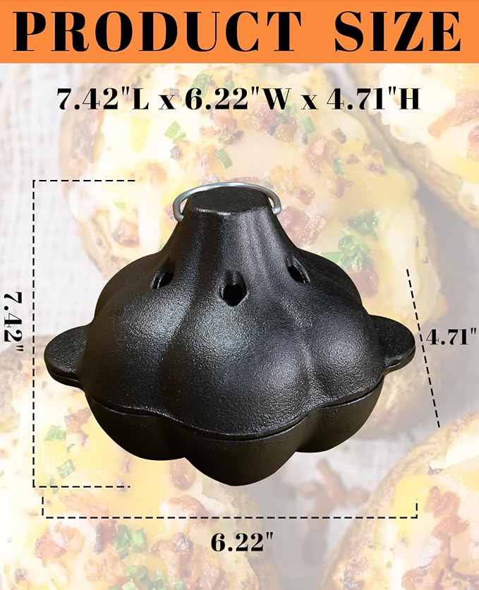 Pinra Pre-Seasoned Cast Iron Dutch Oven Pot, Potato Garlic Roaster Baker, Roasted Garlic Potatoes Cooker for Kitchen Oven or Outdoor BBQ Grill, Cast-Iron Ramekin Pot with Lid