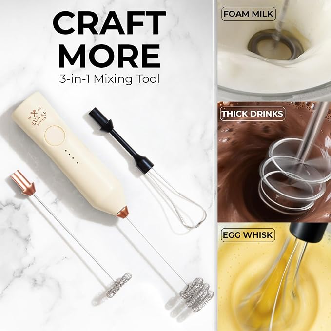 Zulay Kitchen Rechargeable Milk Frother Handheld - Frother Wand, Drink Mixer, Electric Whisk Frother, for Cappuccinos, Matcha & Protein Powder - Dynamic 3 Whisk, 3 Speed 500mAh Cream Gold