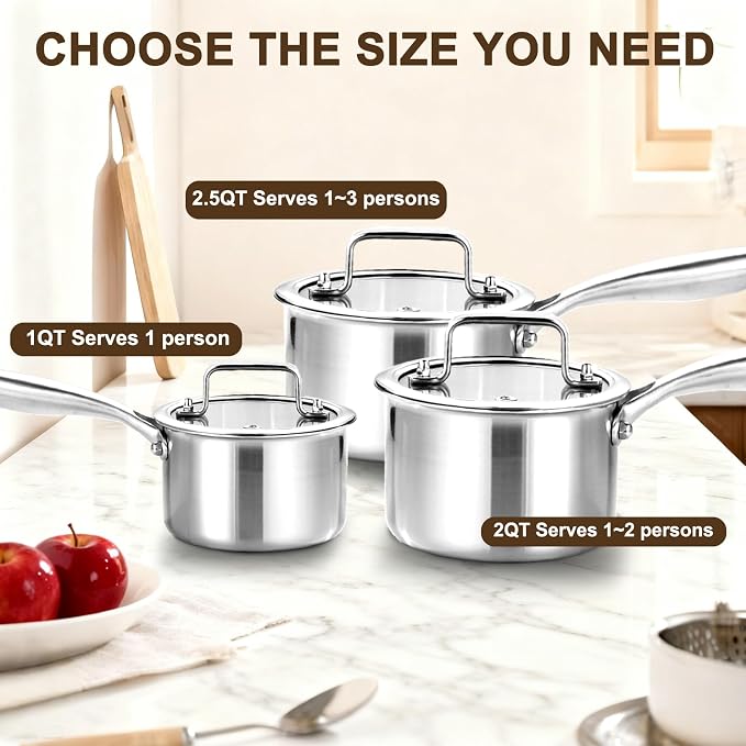 DELARLO Full-body Clad Tri-ply Stainless Steel 2 Quart Saucepan with Lid | Small Stainless Steel Pot Induction Cooking Sauce Pot Pan, Heavy Duty Saucier Cookware, PFOA&PTFE Free