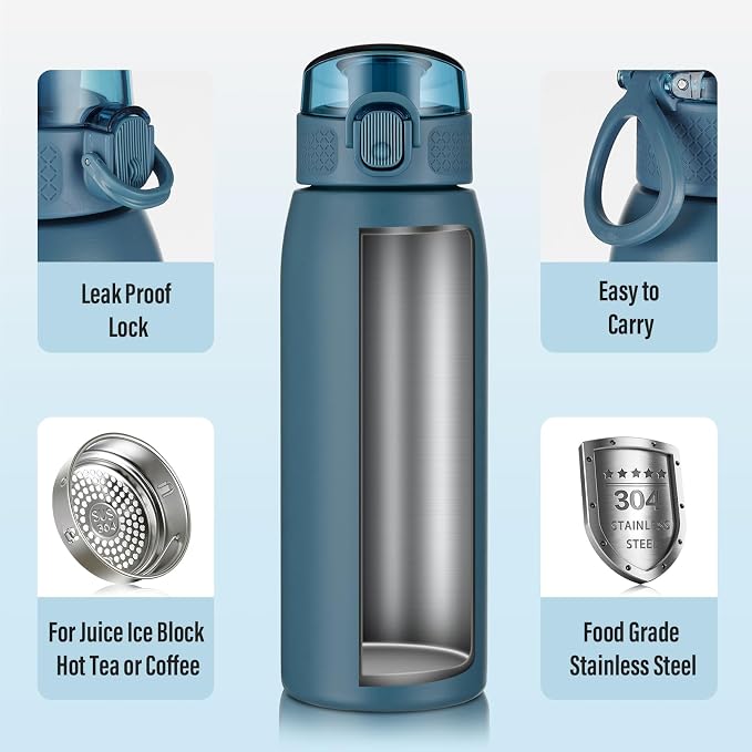 Insulated Water Bottle 18 oz with Dustproof Lid, Carry Handle & Tea Infuser, BPA-Free & Leakproof, Stainless Steel Water Bottles Ideal for Fitness, Hiking, Office & Outdoor Use （Navy Blue ）