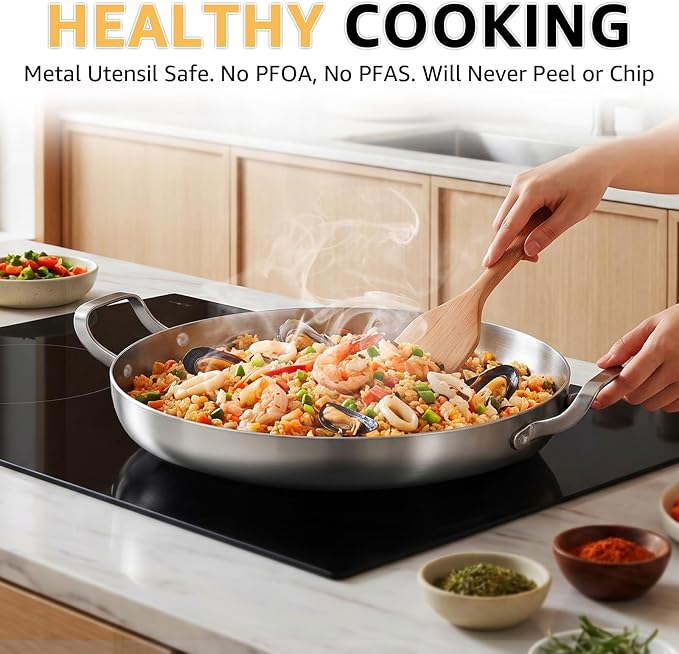 Inqibee 14 Inch Tri-ply Stainless Steel Paella Pan with Lid | Large Frying Pan with Double Riveted Handles, Wide Shallow Paella for Stovetop, Induction Compatible, Oven Safe, 4-6 Servings