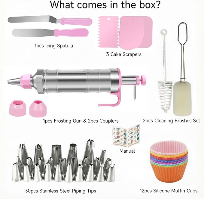 Dessert Decorating Syringe Set, Frosting Piping Kit, Pink | Icing Piping Kit, Stainless Steel, 30 Piping Icing Nozzles, Cupcake Decorating Kit