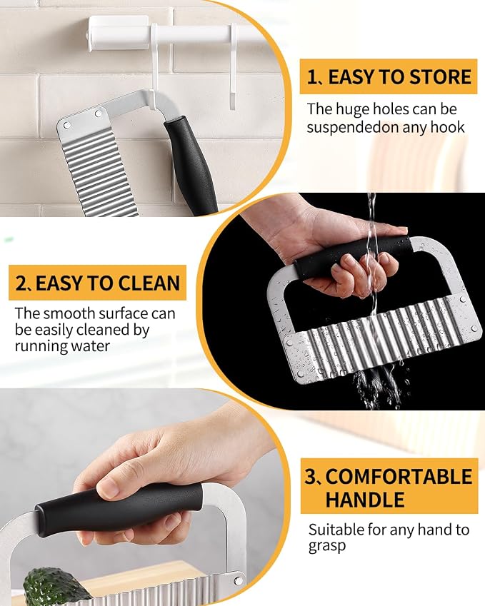 Crinkle Cutter Stainless Steel Potato Slicer Wavy Chopping Black Veggies | Comfortable Black Handle Sharp and Deep Waves Crinkle Cutting Chip for Carrot Zucchini Pickled Cucumber Dishwasher Safety