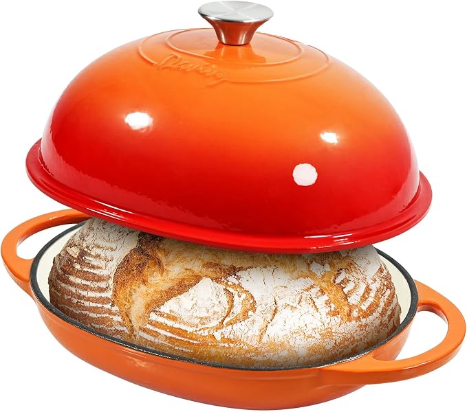 Davivy 11" x 8.7" Oval Bread Oven with Domed Lid, Enameled Oval Dutch Oven Pot for Sourdough Bread Baking 6QT, Non-stick Cast Iron Sourdough Pan Bread Cloche with Lid - Flame Orange