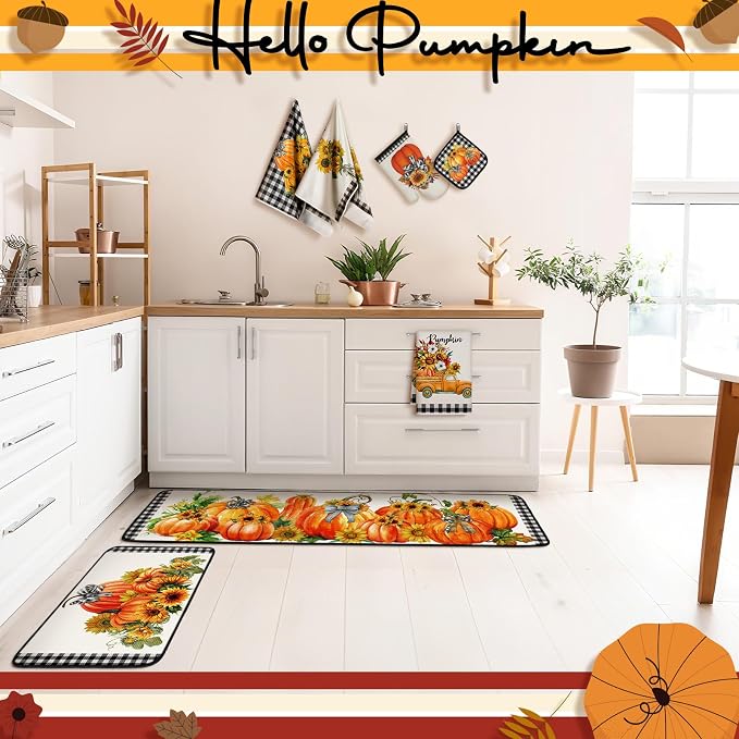 Fanfanwin 10 Pcs Fall Pumpkin Kitchen Decor Set Pumpkin Kitchen Rugs Towels Pot Holders Oven Mitts for Autumn Thanksgiving Decor for Baking Cooking BBQ Home