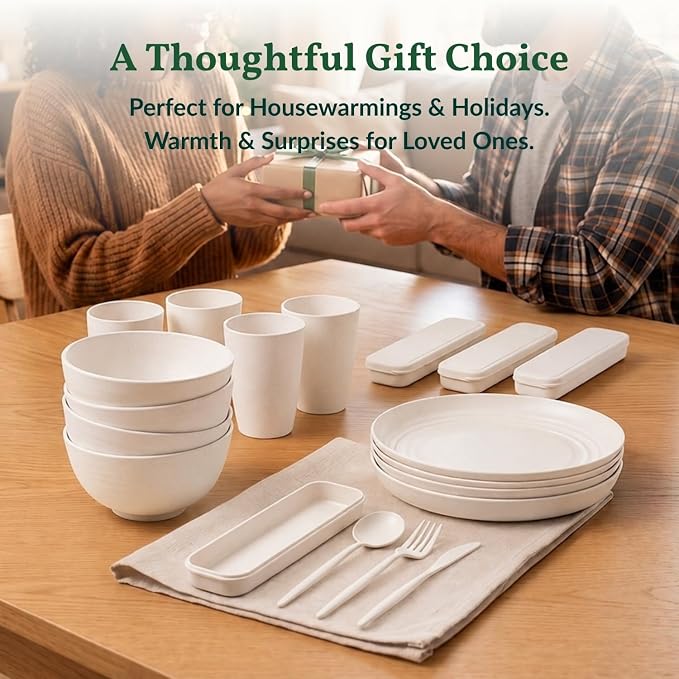 Plates and Bowls Sets 28 PCS Modern Wheat Straw Dinnerware Sets for 4 Unbreakable Kitchen Plate Set - Dinner Plates, Plastic Bowls, Travel Utensils Microwave & Dishwasher Safe (White)