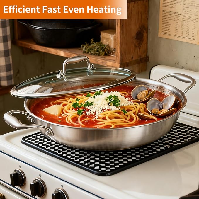 DELARLO 12 Inch Tri-Ply Stainless Steel Nonstick Wok Pan with Lid 5Qt Pot | Deep 5-quart wok heats quickly and evenly, is oven safe to 600°F, and works on induction, gas, electric and ceramic cooktops.
