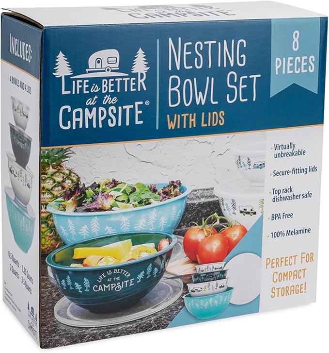 Camco Life is Better at The Campsite Nesting Bowl Set, Includes (4) Durable Melamine Bowls with (4) Plastic Lids Suitable for On-The-Go Lifestyles