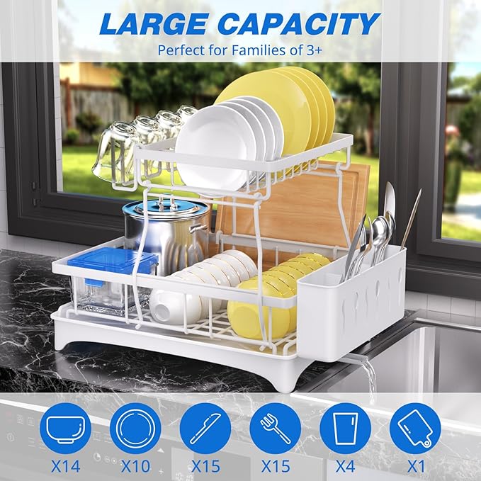 2-Tier Dish Drying Rack - Dish Rack with Auto Drain-to-Sink & Mat | Dish Racks for Kitchen Counter, Dish Drainer with Knife Fork & Cup Rack, Gifts for Women, Mothers Day, Kitchen Gadgets, White