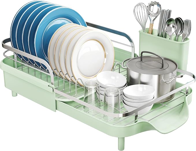 SNTD Expandable Dish Drying Rack for Kitchen Counter, 15.2-22.1 in, Green | Rust-Resistant Stainless Steel, Protective Side Rails, Self-Draining Drainboard, Removable Utensil Holder
