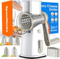 Rotary Cheese Grater Hand Crank with 5 Interchangeable Blades, Vegetable Slicer Chopper for Fruit Vegetable Nuts, Mandoline Slicer for Kitchen with Blades Rack & Suction Base, White