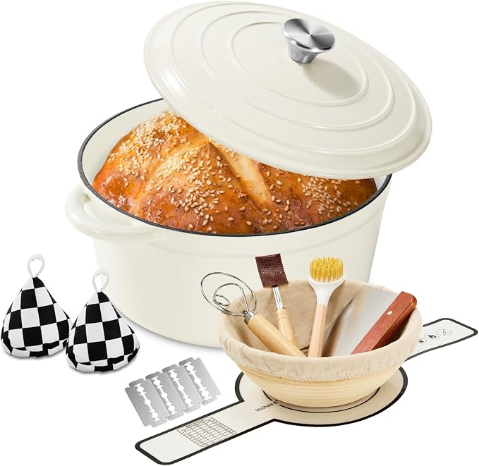 Enameled Cast Iron Dutch Oven pot 6.5 QT with Lid for Bread Baking | Cookware incl. Sourdough Bread-Baking Supplies like Banneton, Dough Whisk, Gloves, Oven Safe for Stews, Roasting, Cream White