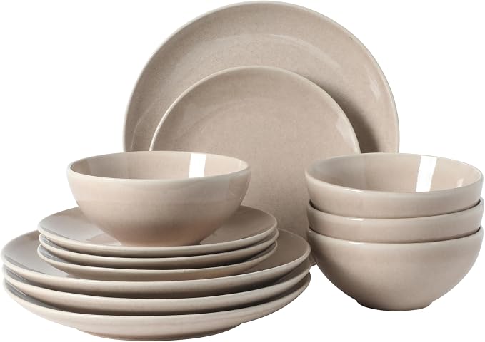 Gibson Elite Castle Peak Plates and Bowls Set, 12-Piece Dinnerware Set, Taupe Reactive Glaze Stoneware Dishes, Dinner Plates, Salad Plates & Cereal Bowls